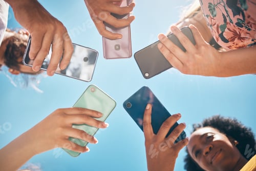 Preview: Phone circle, hands of people and low angle, communication or text. Blue sky, mobile and friends on
