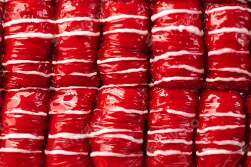 Preview: Red colored Turkish dessert baklava placed in rows