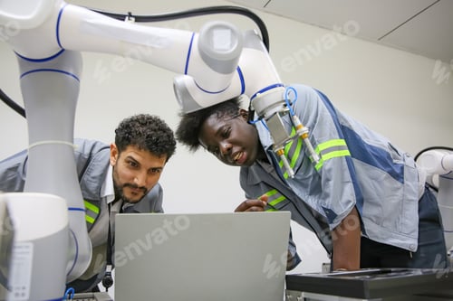Preview: Robotic Arm engineer check on equipment in its with software of Artificial Intelligence Unit.