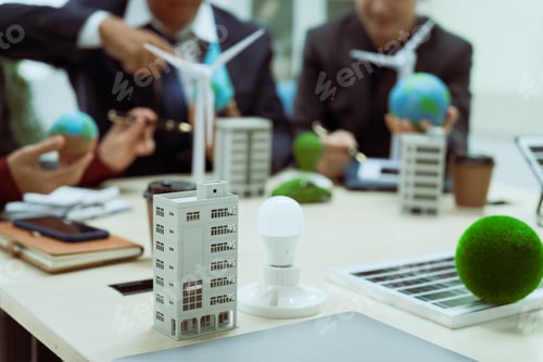 Preview: Three businessmen meet table to discuss the development of a clean energy and environmental city
