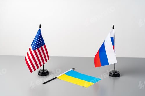 Preview: Ukraine, USA and Russia flags on gray table