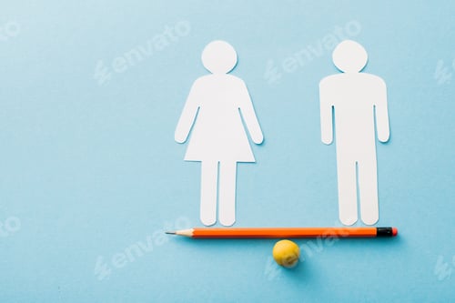 Preview: small ball and pencil with paper cut of couple isolated on blue, sexual equality concept