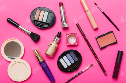 Preview: Professional makeup tools. Top view. Flat lay. Beauty, decorative cosmetics.