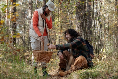 Preview: Young man putting fresh boletus into basket held by grateful girl