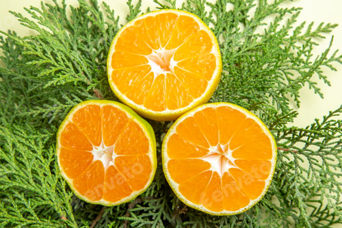 Preview: top view fresh tangerines with green branches on white background photo citrus color juice orange