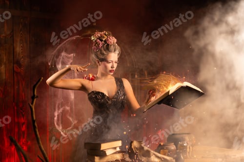 Preview: Witch woman holding magic book and casting spell in castle