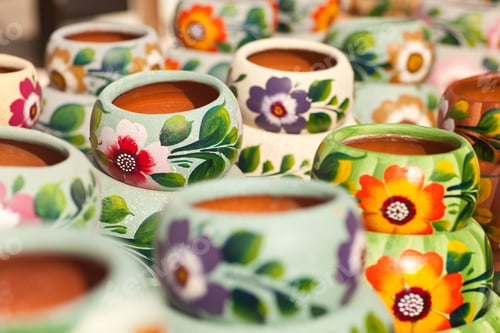 Preview: Variety of Colorfully Painted Ceramic Pots.