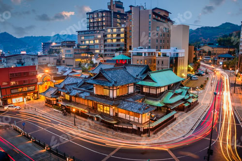 Preview: Matsuyama, Japan downtown skyline at Dogo Onsen bath house at twilig