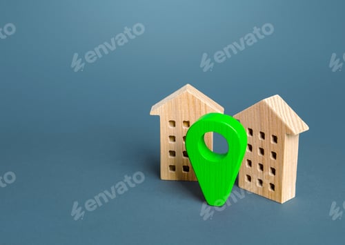 Preview: Residential buildings and green location pin. Delivery service.