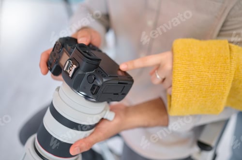 Preview: Camera, hands and photography for a digital agency or magazine company looking at tech setting. Emp