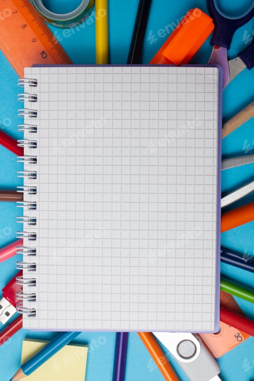 Preview: School supplies on colorfull background. Copy space