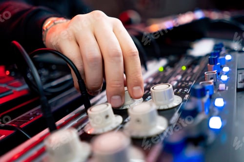 Preview: close up the recording room dark with neon lighting in the studio the sound engineer works with the