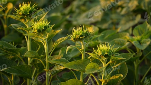 Vorschau: Grüne Wiese der Sonnenblumenreifung, Agrarlandschaft. Junge Sonnenblumenblüte.