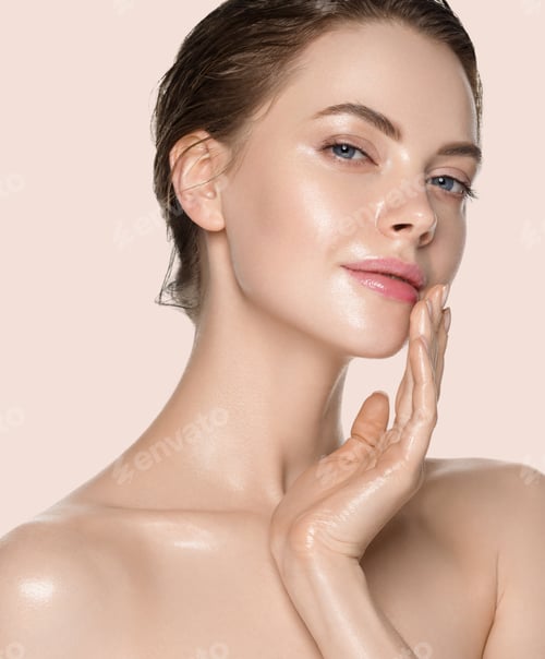Preview: Beauty woman with hands healthy natural make up clean fresh skin concept color background yellow