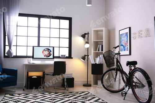 Preview: Stylish room interior with modern bicycle. Hipster design