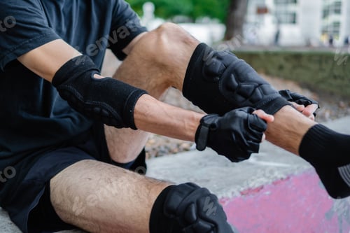 Preview: unrecognizable tired man taking off his knee pads