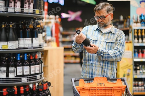 Preview: Senior man at grocery store products