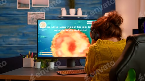 Preview: Sad pro gamer woman nervous to get started space shooter videogame