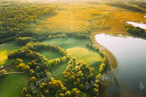 Preview: Aerial View Of Green Forest And Meadow Hill Landscape Near River. Top View Of Beautiful Nature From