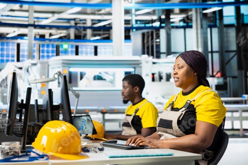 Preview: Black woman engineer finetuning energy control systems on computer setup