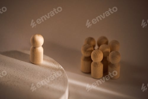 Preview: Wooden figurine standing on a circular platform facing a group of smaller figures