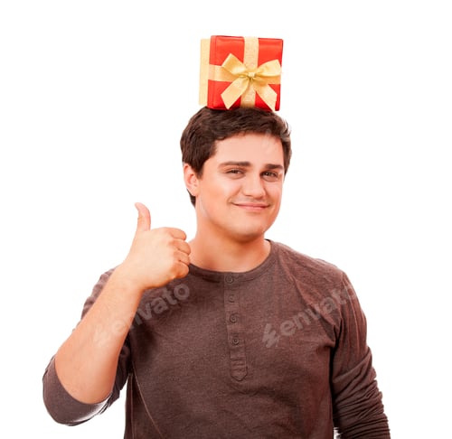 Preview: A man holding present box on white background.