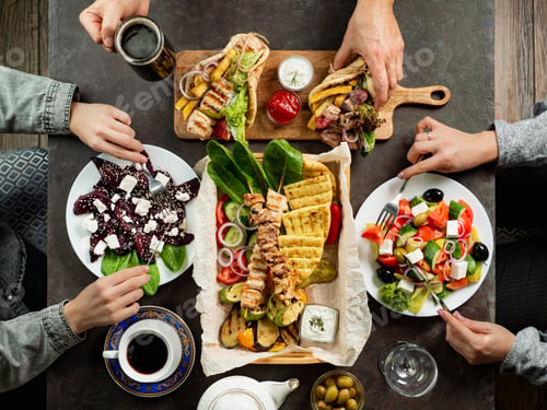 Preview: People eating Greek food. Greek cuisine