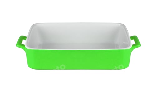 Empty Green and White Baking Dish on White