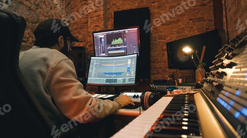 Preview: Man composing music using sound mixer and computer