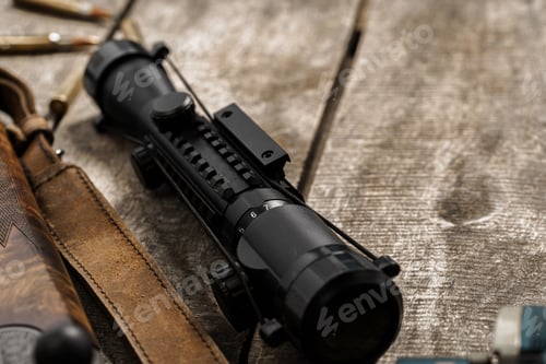Preview: The optical sight and shotgun on wooden backgorund