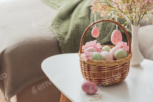 Preview: Easter Basket with Ester Eggs, Plush Bunny and Spring Decor on White Table intoCozy Living Room