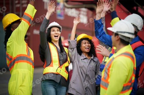 Preview: Team of workers celebrating success at the shipping dock during daytime