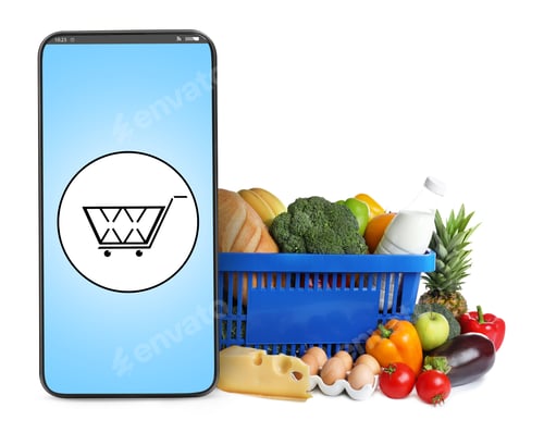 Preview: Food delivery app. Shopping basket with groceries and mobile phone on white background