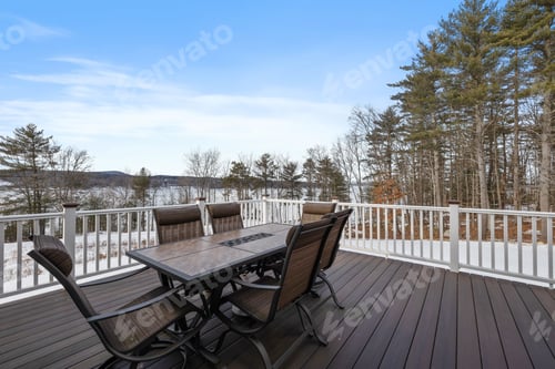 Preview: Outdoor patio dining set on a wooden terrace under a blue and clear sky