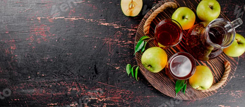 Preview: Apple juice on a wooden tray.