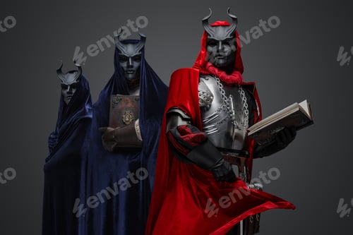Preview: Haunted occultist with book and two members of cult