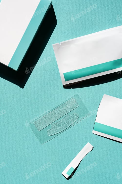 Preview: Mock up teeth whitening stripes for home dental care. Set of oral hygiene products.