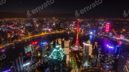 Preview: Cityscape with Pudong and Huangpu river at night, high angle view, Shanghai, China