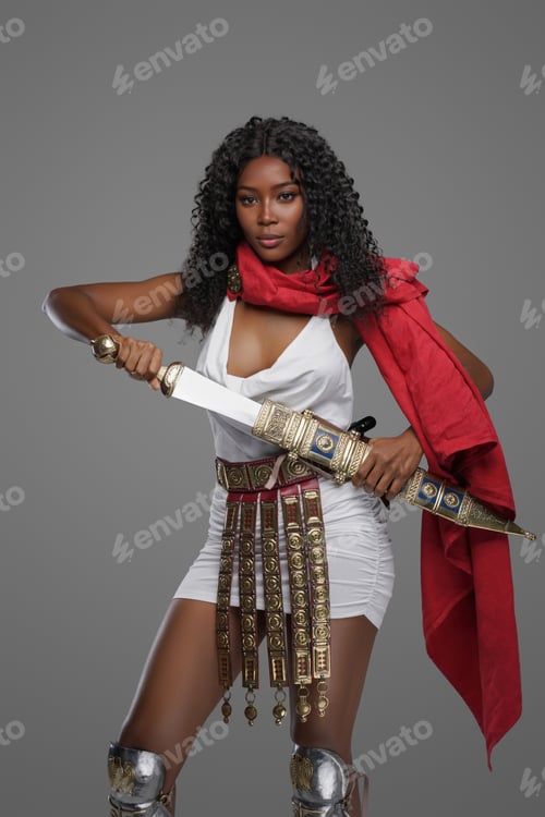 Preview: Dark-skinnedn model in Greek-style tunic with red cape and ornate belt