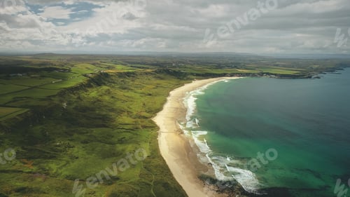 Preview: White Beach sand coast aerial zooming, Antrim County, Nortern Ireland. Epic Irish landscape