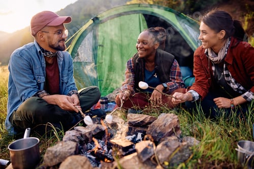 Preview: Group of happy campers roasting marshmallows while sitting around bonfire.