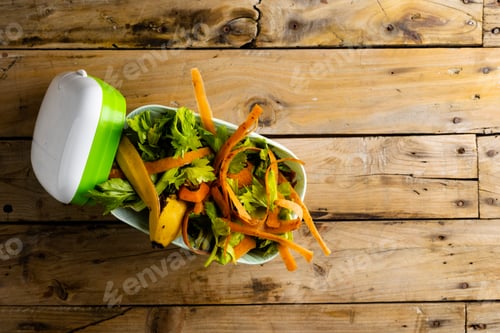 Preview: Overhead of organic fruit and vegetable food waste in kitchen composting bin