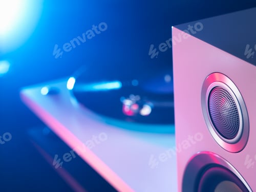 Preview: Detail of purple and blue spot lit hi fi speaker and turntable playing a vinyl record