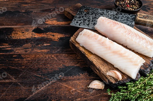 Preview: Raw cod loin fillet steak on wooden board with butcher cleaver. Dark wooden background