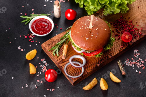 Preview: Delicious fresh homemade burger on a wooden table