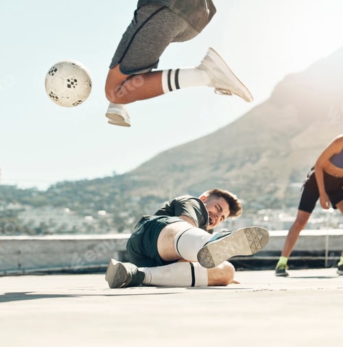 Preview: Ball, soccer and rooftop game with men sports training activity together fitness workout in city. D