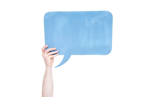 Preview: person holding blue empty speech bubble with copy space isolated on white