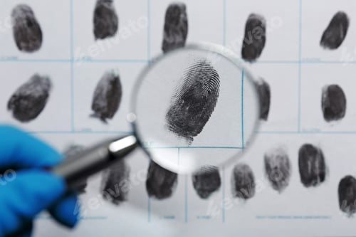 Preview: Criminalist exploring fingerprints with magnifying glass, closeup