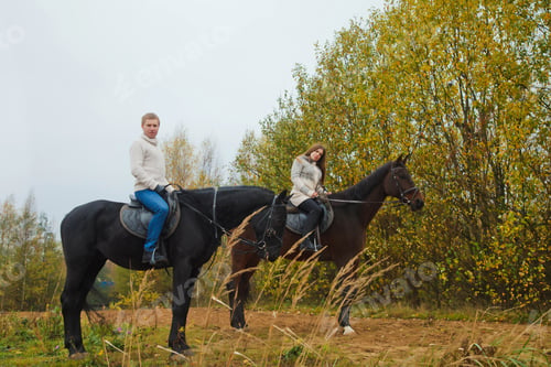 Preview: Cute young couple on horsebacks in autumn forest on country road