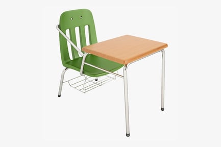 Visualização: Mesa de estudante verde com cadeira anexada